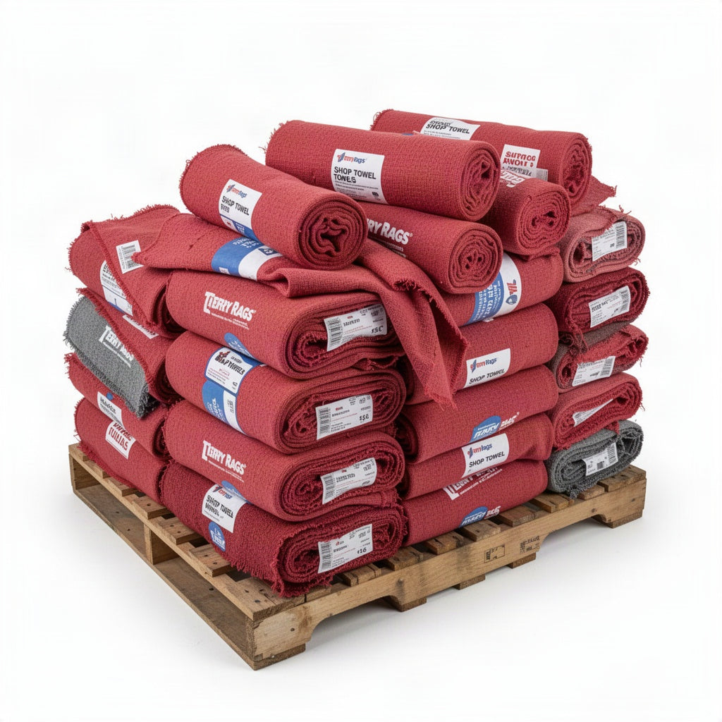 Red Shop Towels Retail Packaging Pallet - clean organized product view